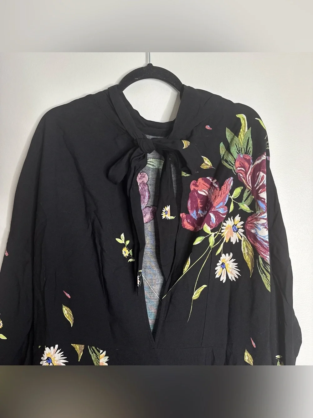 Free People Gemma Tunic Mini Dress Black Floral High Neck Open Back Tie Large